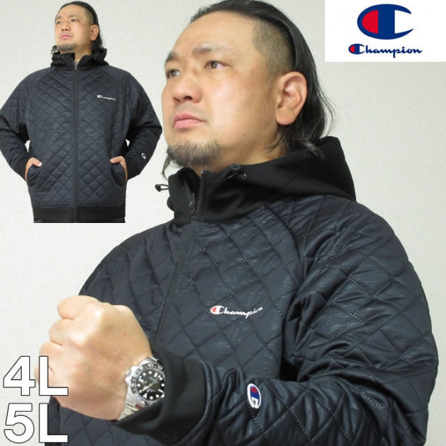 (SALE価格設定) 大きいサイズ メンズ SALE 当店在庫分  Champion（チャンピオン）キルティング　ジップ　フード　ジャケット（当店在庫分）4L 5L ブラック