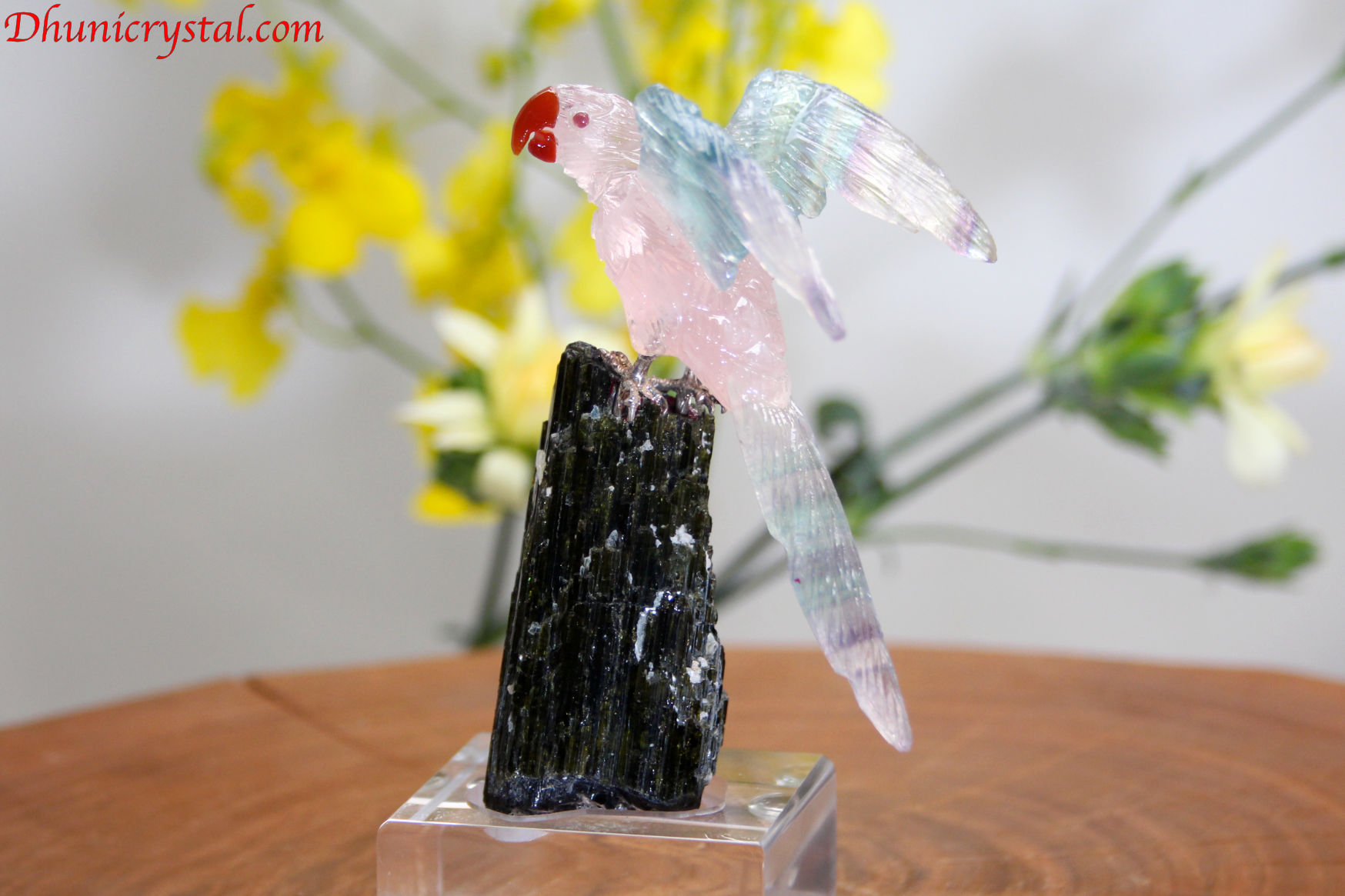 プレミアム・石の鳥さんシリーズ【ローズクォーツ＆フローライトのコンゴウインコonグリーントルマリン】(D13)