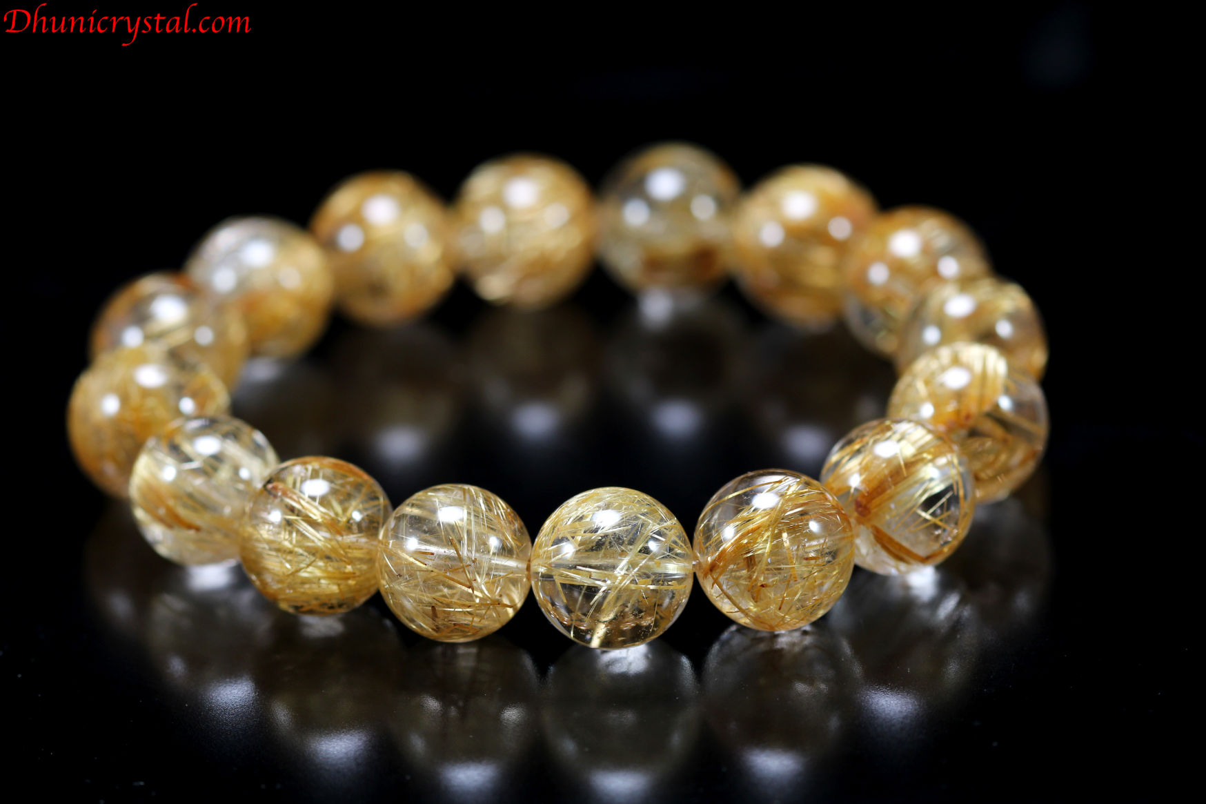 超美石一連ブレスレット【ルチルクォーツ】/13.5mm玉/推奨手首周りサイズ17cm?17.5cmサイズ変更可能(D504)