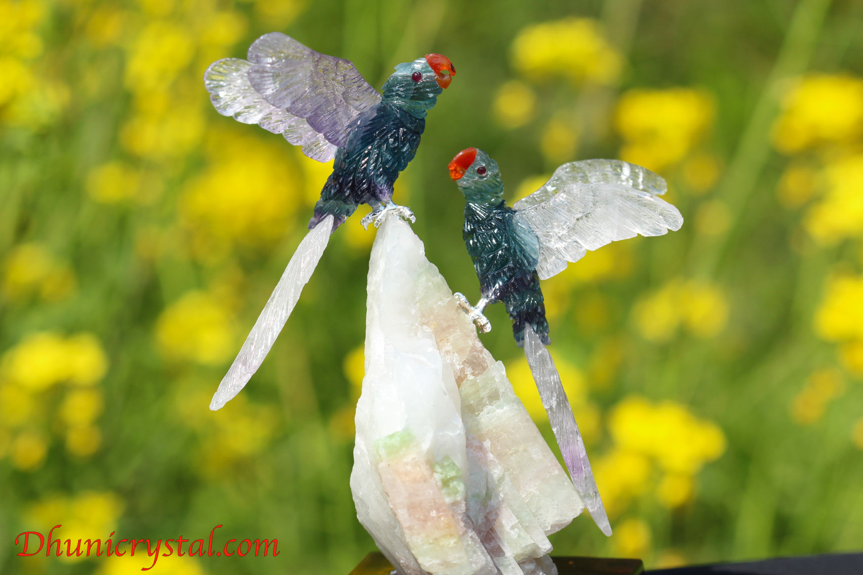 プレミアム・石の鳥さんシリーズ【フローライトのコンゴウインコonピンクトルマリンインクォーツ】(G361)