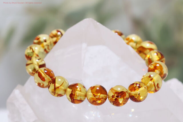 一連ブレスレット【フラワーアンバー】10mm珠/手首サイズ14.5cm~15.5cm(FF215)