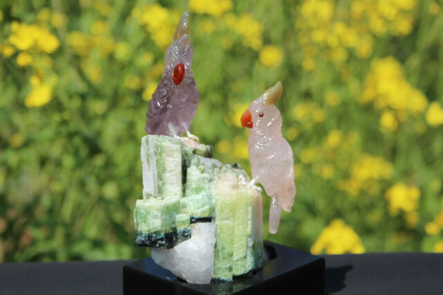 プレミアム・石の鳥さんシリーズ【アメジスト＆ローズクォーツのオウム  