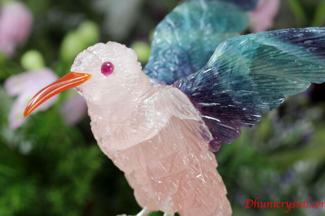 プレミアム・石の鳥さんシリーズ【ローズクォーツのハチドリonグリーン