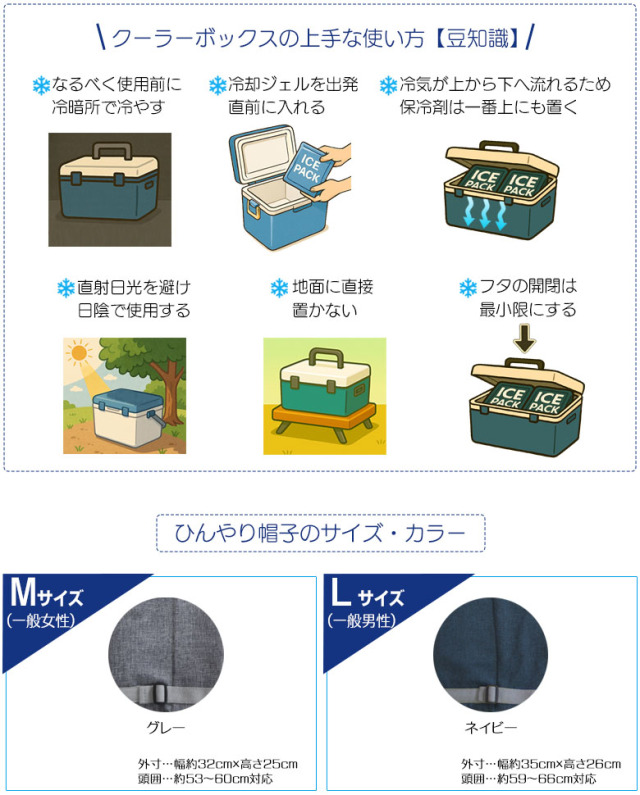 クーラーボックス豆知識／ひんやり帽子のカラー・サイズ