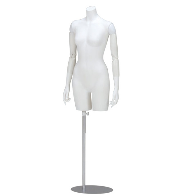 婦人トルソー 可動腕付き 手先固定タイプ リアルボディ 円形スチールベース ホワイト [LT70-A72W-S78]