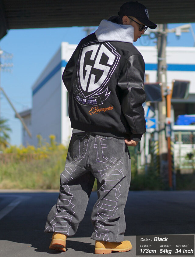 ストリート メンズ ロゴ ワイドパンツ デニム Gパン ペイズリー ストリートカジュアルペイズリーロゴワイドパンツデニムGパン2色