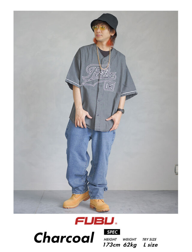 FUBU フブ ベースボールシャツ メンズ ゲームシャツ 刺繍 Charcoal 