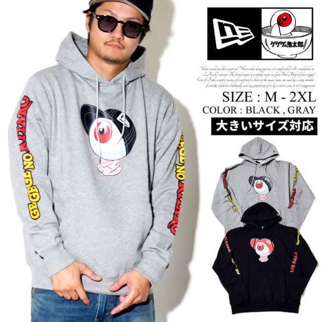 New Era ニューエラ パーカー メンズ 大きいサイズ スウェット プルオーバーフーディー ゲゲゲの鬼太郎 目玉おやじ ニューエラキャップスタイル タイトルロゴスリーブ 服 通販
