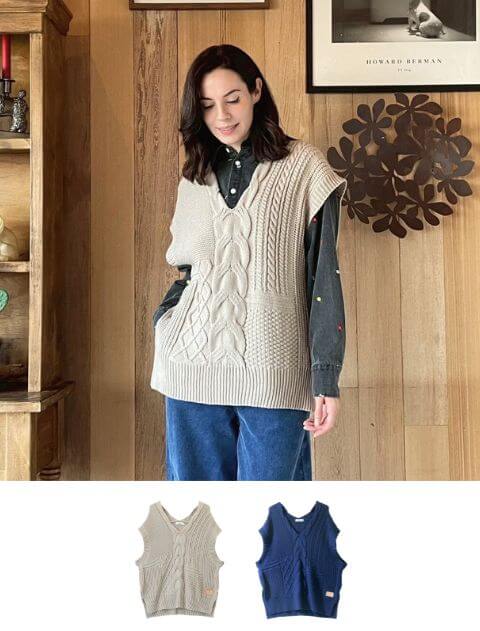WOMEN】ケーブル編みベスト WOMEN】ケーブル編みベスト