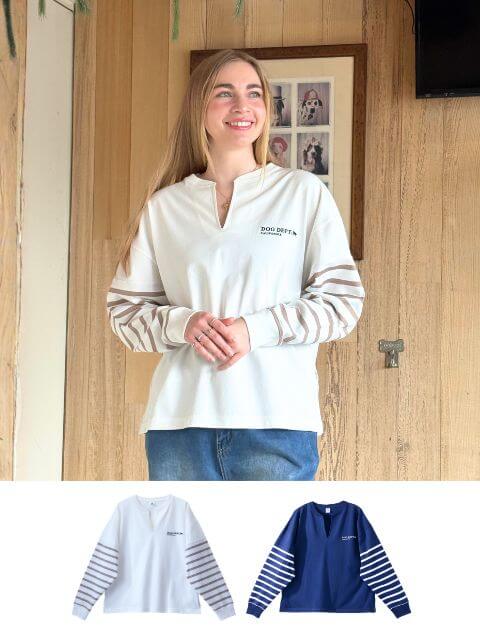 【WOMEN】袖ボーダーキーネック