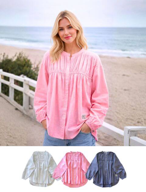 【WOMEN】 バンドカラーシャーリングシャツ