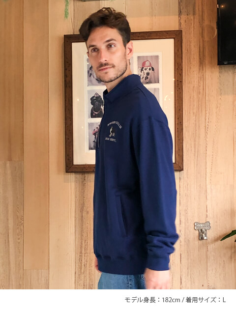 リアルドッグカレッジ刺繍ハーフジップスウェット   ブランドのドッグデプト/DOG DEPT