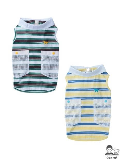 【DOG WEAR】保冷剤ポケット付きナチュラルヴィンテージボーダーノースリーブポロ      