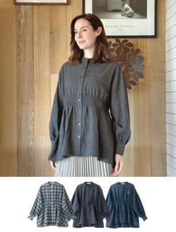 【WOMEN】 起毛チェックウエストギャザーシャツ