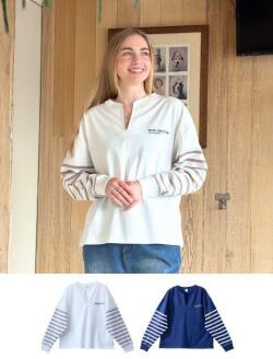 【WOMEN】袖ボーダーキーネック