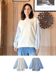 【WOMEN】ストライプ切り替えバルーンクルー