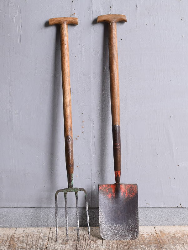 イギリスアンティーク ガーデンフォーク&スコップ 農機具 11906