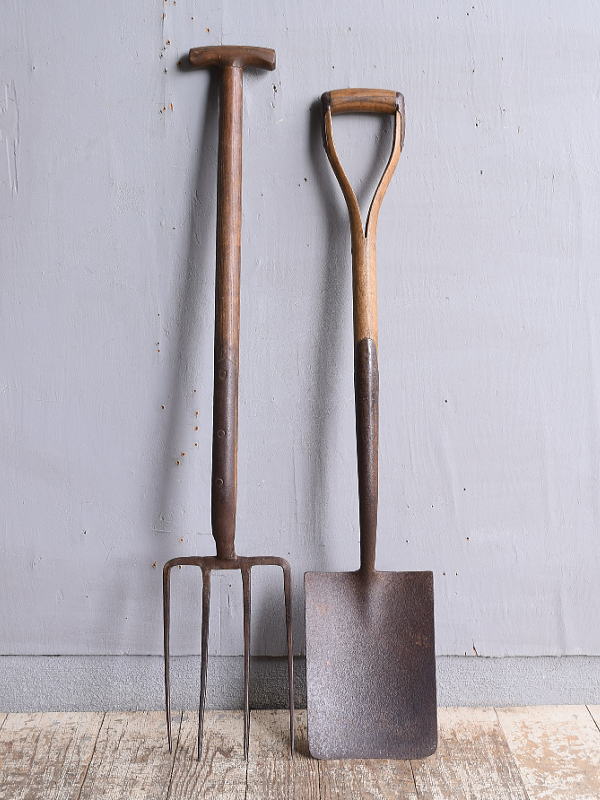 イギリスアンティーク ガーデンフォーク&スコップ 農機具 11907