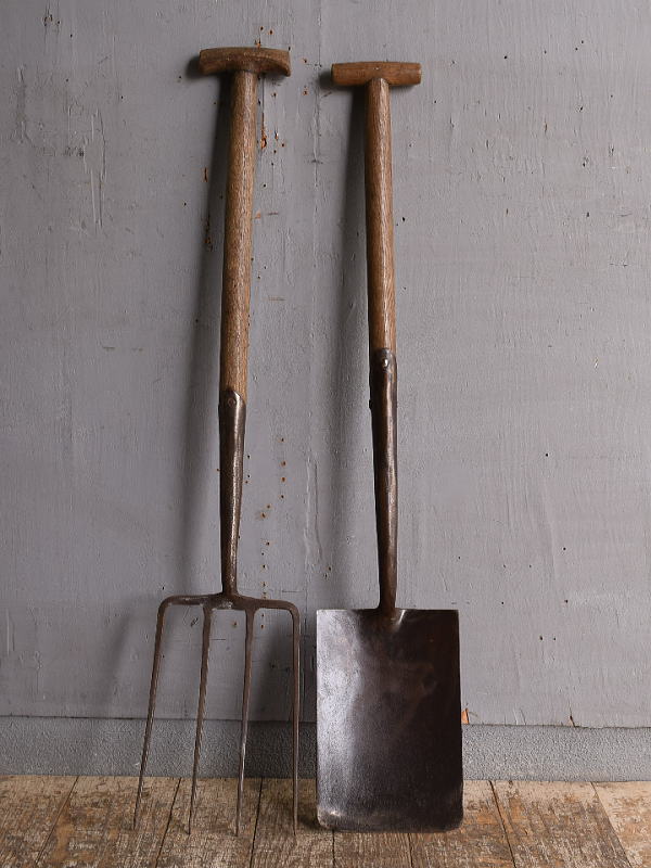 イギリスアンティーク ガーデンフォーク&スコップ 農機具 12851