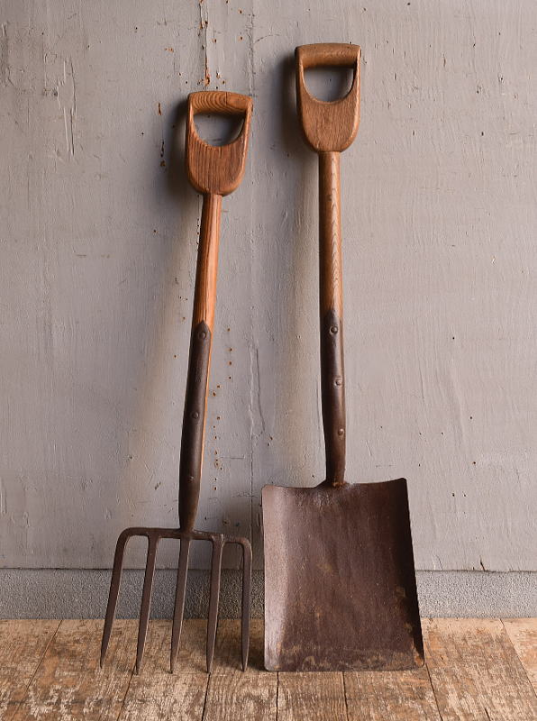 イギリスアンティーク ガーデンフォーク&スコップ 農機具 12855