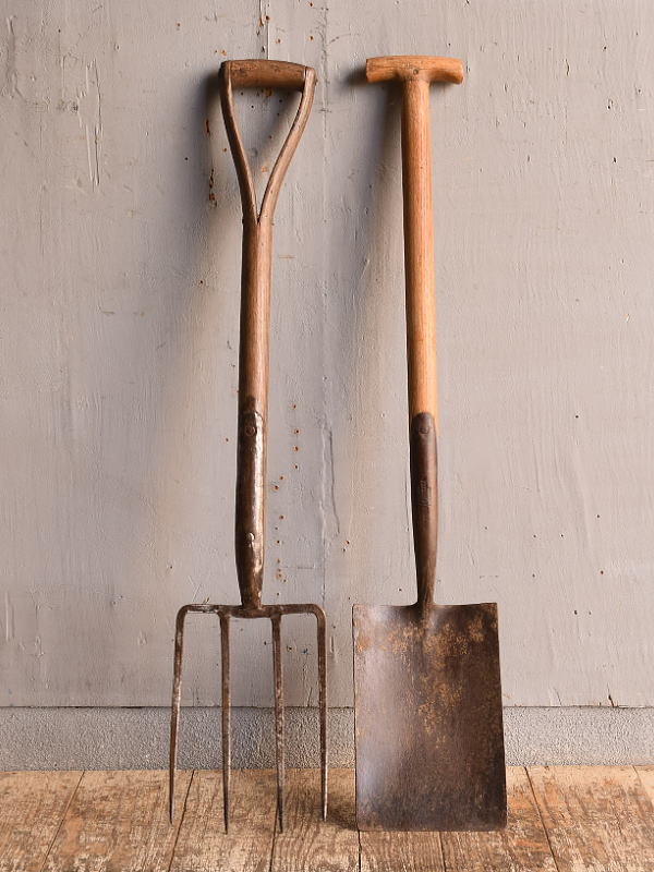 イギリスアンティーク ガーデンフォーク&スコップ 農機具 12856
