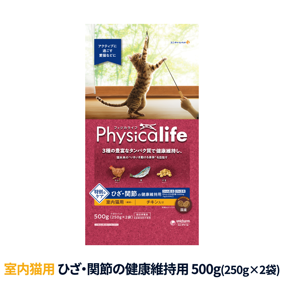 【順次パッケージ変更】フィジカライフ　Physicalife　室内猫用　ひざ・関節の健康維持用　チキン入り　500g