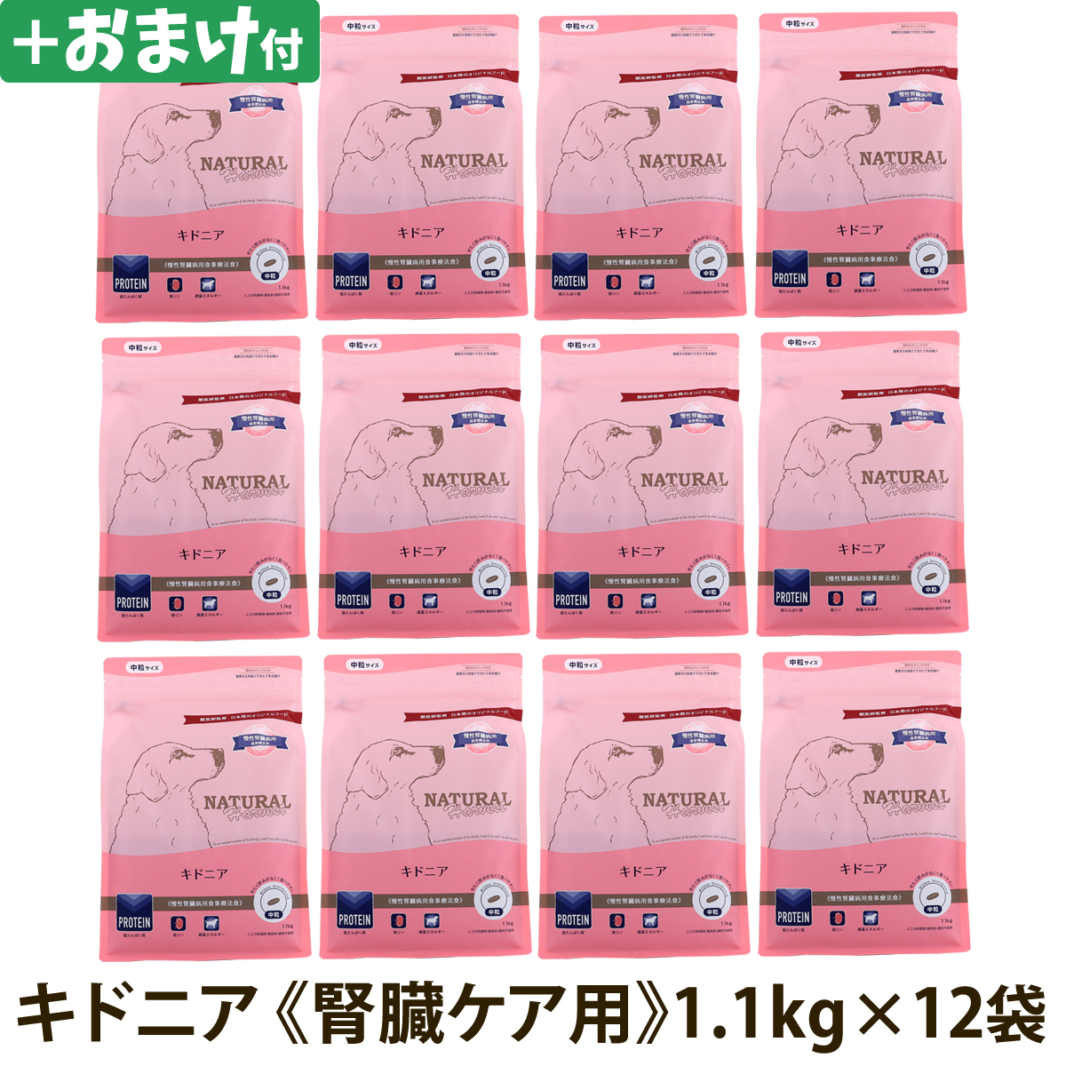 【2027年04月ロットのみ粒形状にばらつきがあります】ナチュラルハーベスト　キドニア　腎臓ケア用　1.1kg×12袋＋選べるおまけ付き　