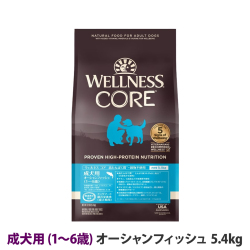 【リニューアル変更済】ウェルネス　コア　高たんぱく質・穀物不使用　成犬用　(1～6歳)　オーシャンフィッシュ　5.4kg