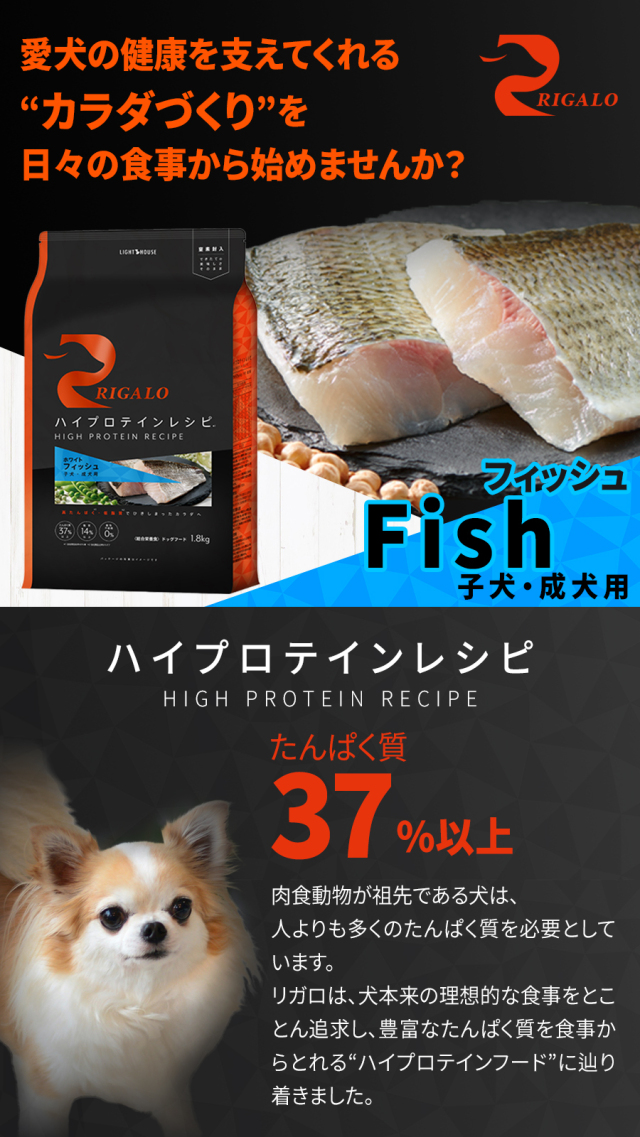 リガロ ハイプロテインレシピ 子犬・成犬用 フィッシュ 900g（ポイント