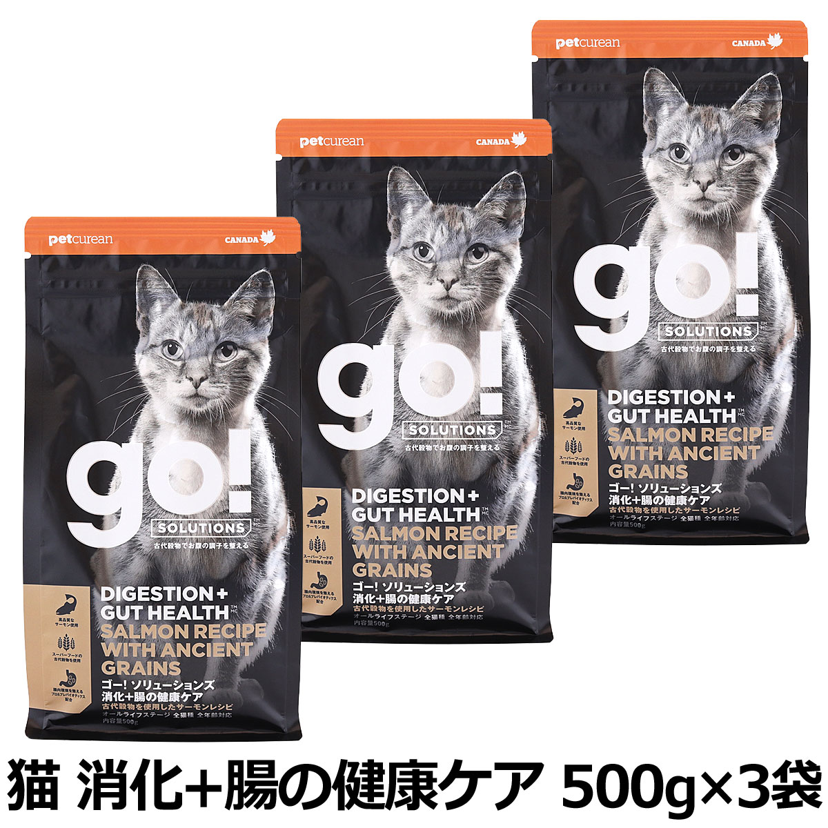 GO! ゴー ソリューションズ キャット 消化+腸の健康ケア 古代穀物 サーモン 500g×3袋