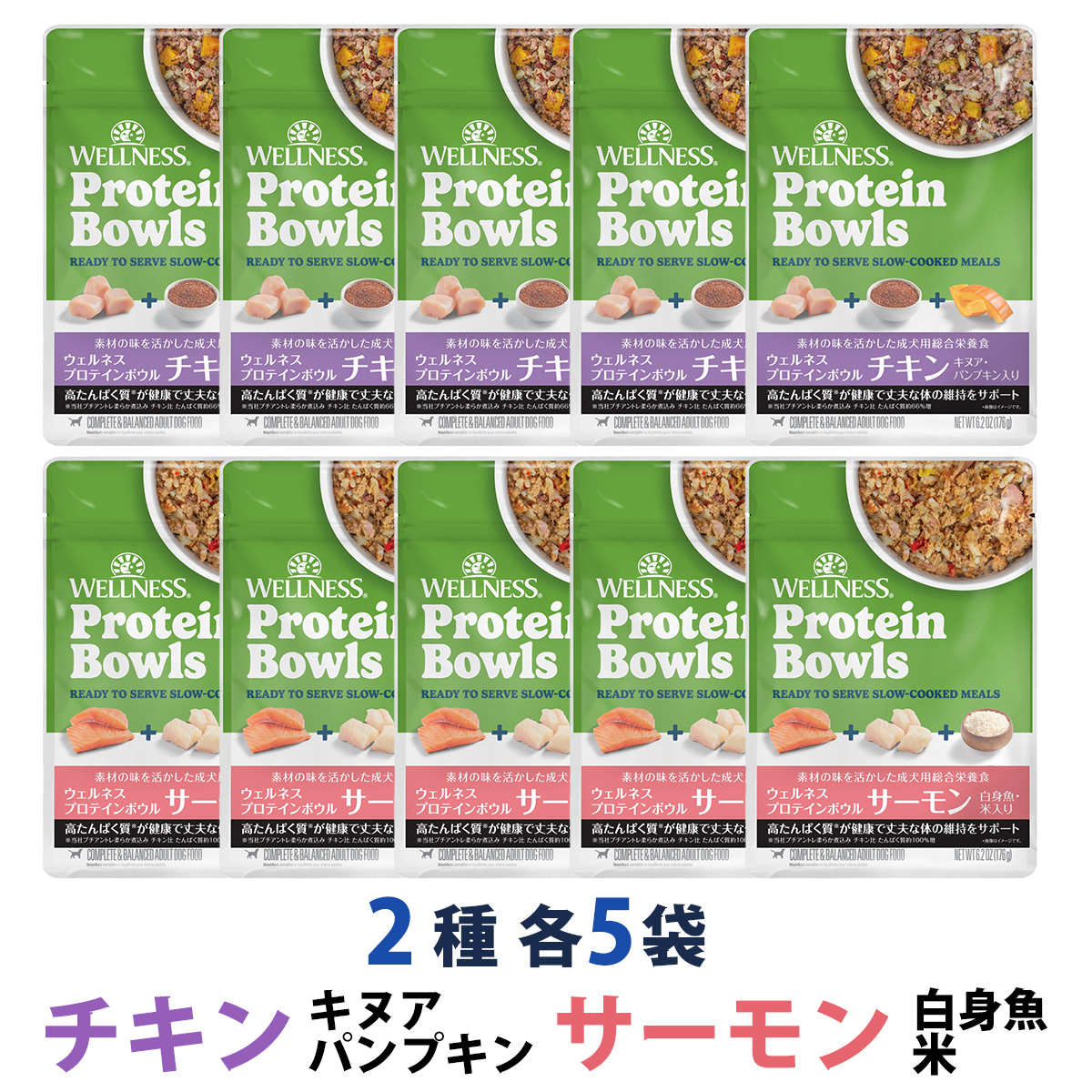 【先着順・数量限定 ウェルネス販売12周年記念タオル付き】ウェルネス プロテインボウル サーモン 白身魚・米入り&チキン キヌア・パンプキン入り 2種 10袋（各5袋）セット