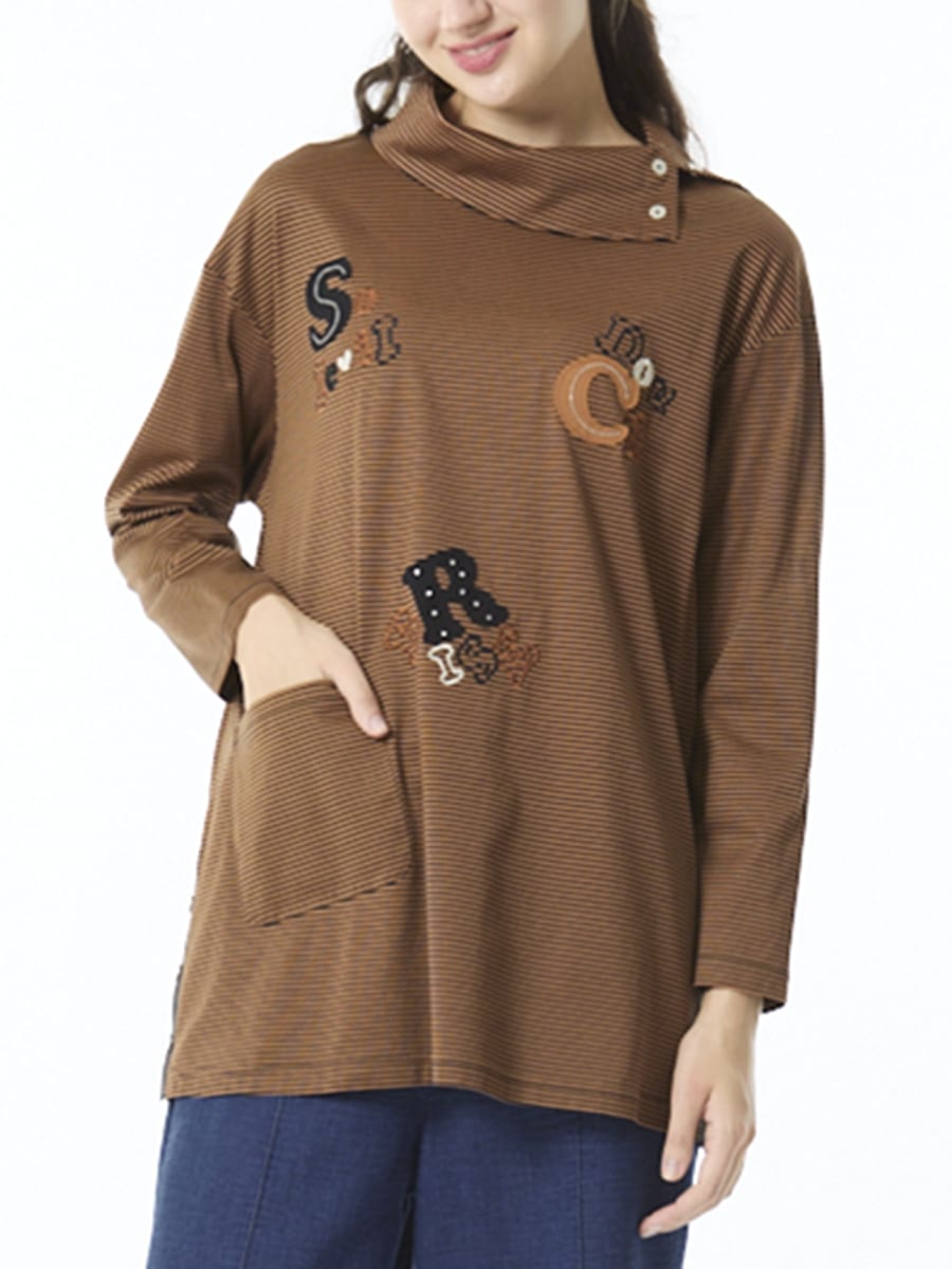 綿天竺ボーダー　変形襟カットソー