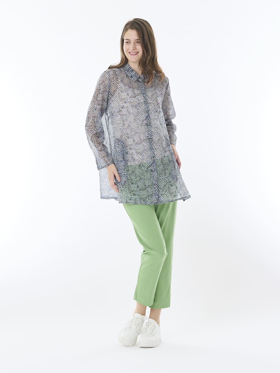 モザイクチェック柄　清涼ロングブラウス