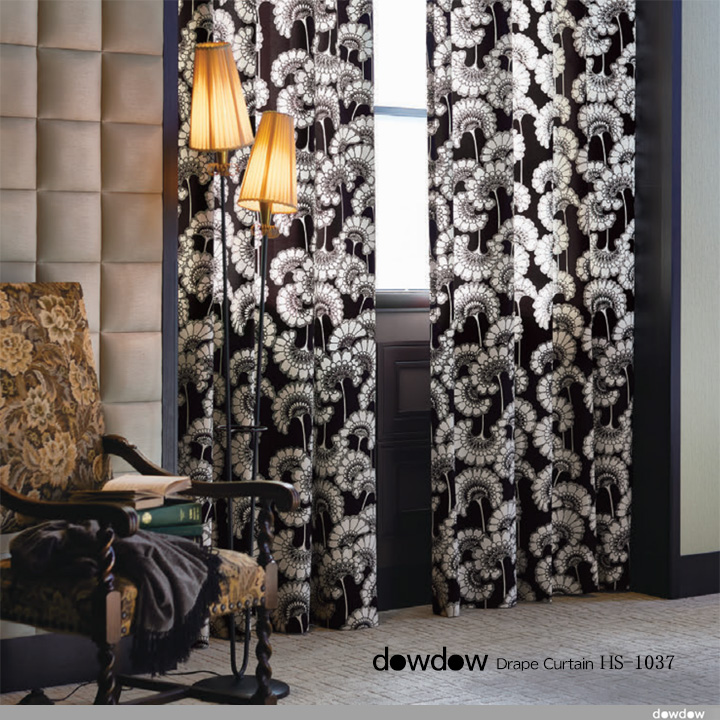 【イタリアンモダン】レトロな花柄プリントのドレープカーテン【HS-1037】ブラック＆ホワイト