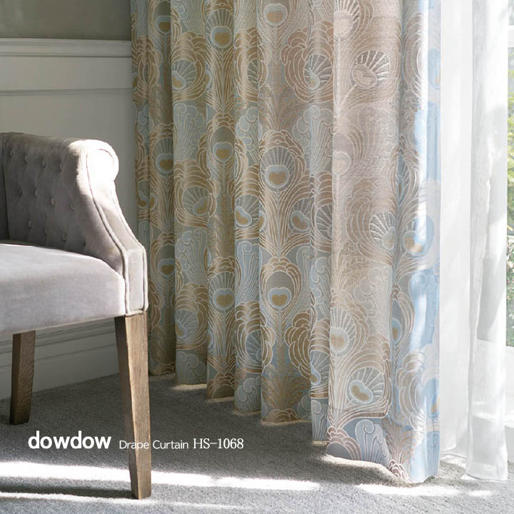 【ゴシック モダン】王宮調クラシック柄のドレープカーテン＆シェード【HS-1068】ベージュ＆ブルー
