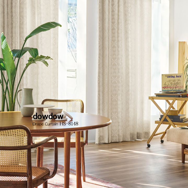 【北欧ヴィンテージ】幾何学の柄刺繍調のドレープーテン【HS-8148】ベージュ