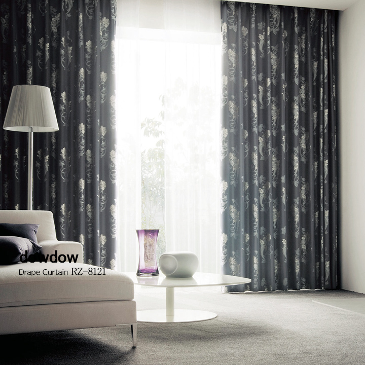【フレンチシック】スタイリッシュな花柄のジャガード織のドレープカーテン【RZ-8121】チャコールグレー