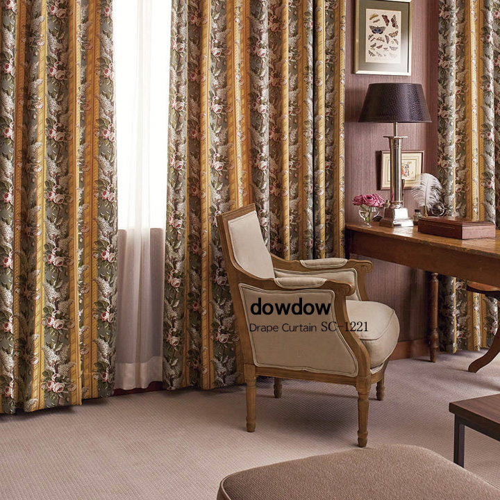 【アンティーククラシック】バラとリラの花柄のジャガード織のドレープカーテン【SC-1221】グリーン＆ゴールド