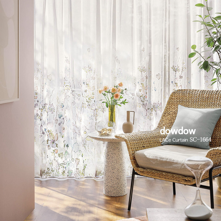 【フレンチカントリー】庭の花々の水彩プリントのレースカーテン【SC-1664】
