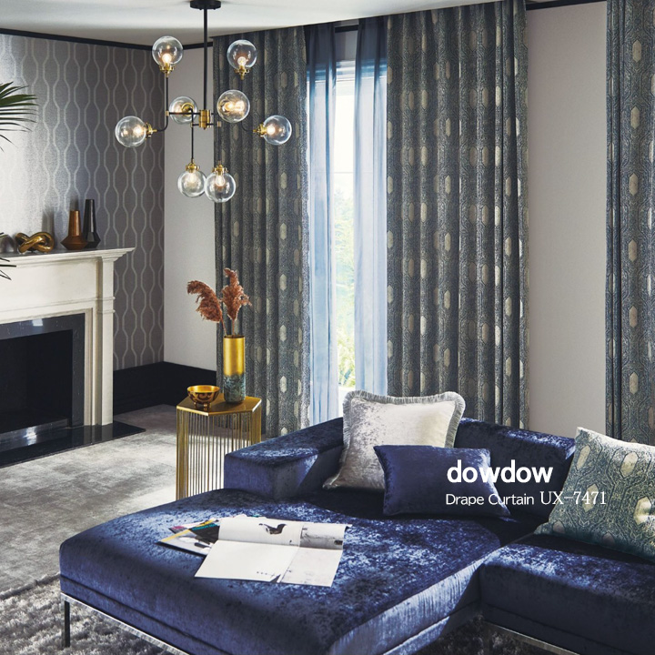 【イタリアンモダン】オリエンタルな幾何学柄のドレープカーテン【UX-7471】ネイビー＆ベージュ
