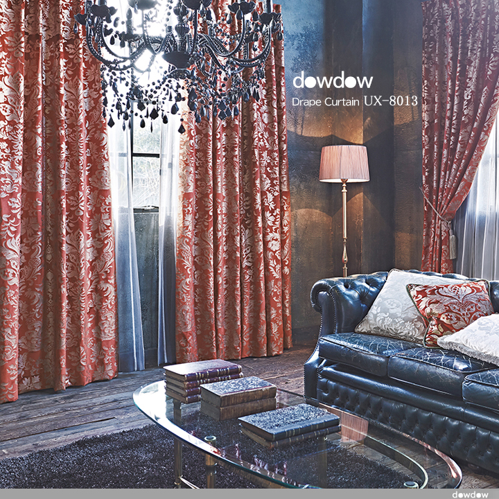 【ゴシック*モダン】華美なダマスク柄のベルベット・プリントのドレープカーテン【UX-8013】レッド
