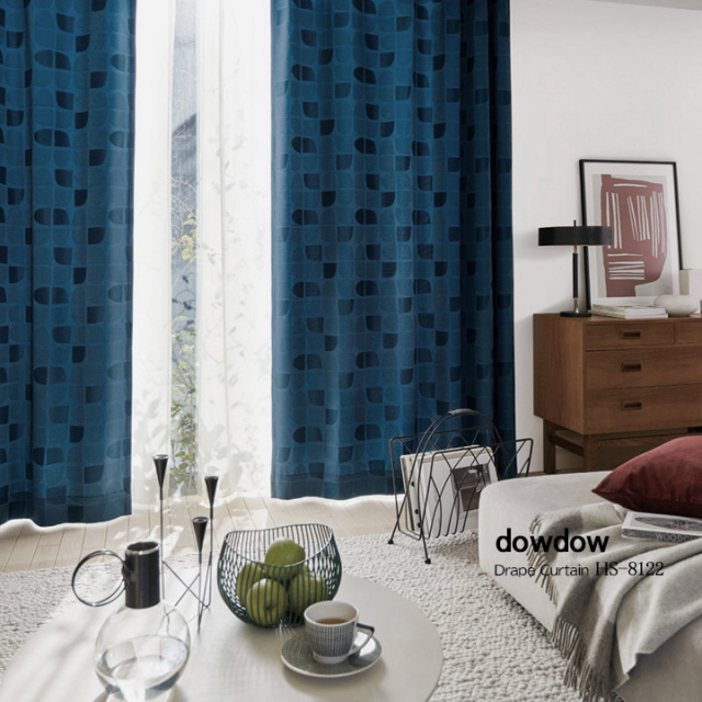 ミッドセンチュリー】レトロな幾何学柄のカーテン【HS-8122】ブルー