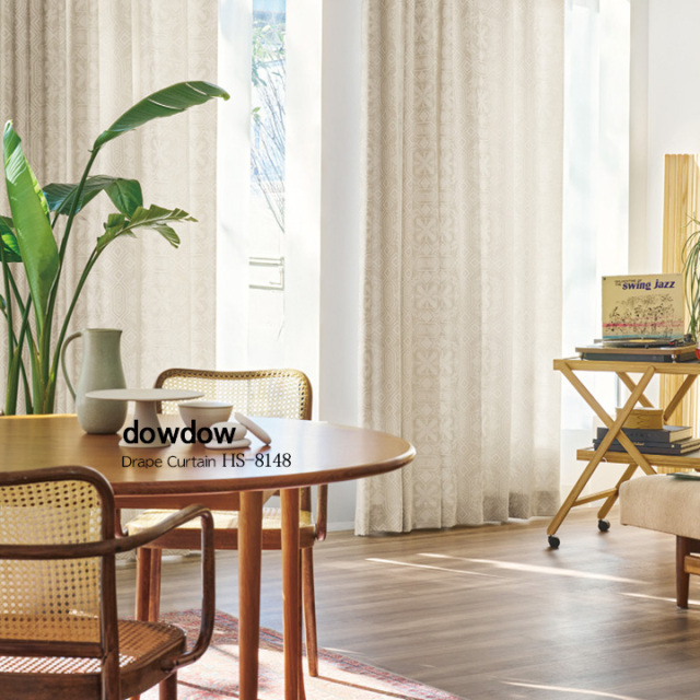 【北欧ヴィンテージ】幾何学の柄刺繍調のドレープーテン【HS-8148】ベージュ