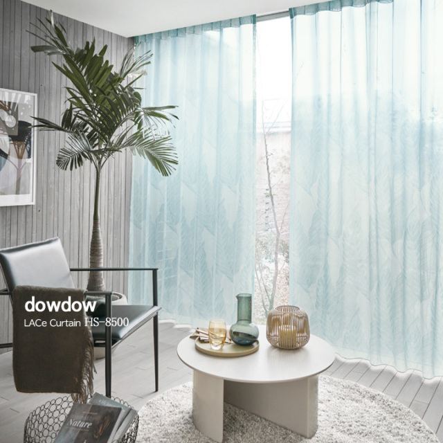 【ミッドセンチュリー】大きな葉デザインのレースカーテン【HS-8501】ライトブルー