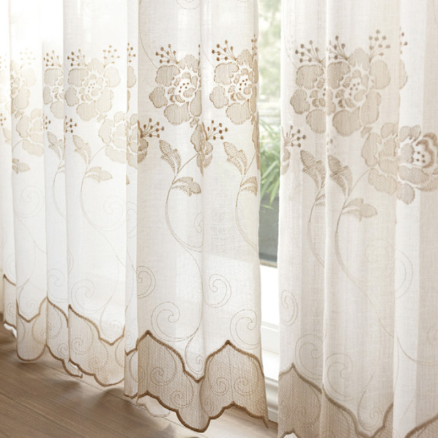 【フレンチシック】花のスカラップ刺繍のレースカーテン【HS-8511】ゴールドベージュ