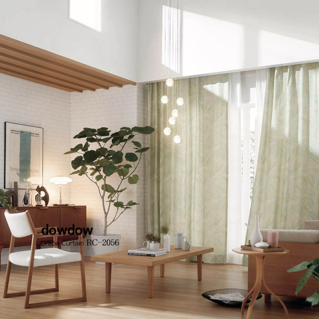 ナチュラルモダン】綿プリントのリーフ柄のドレープカーテン【RC-2056