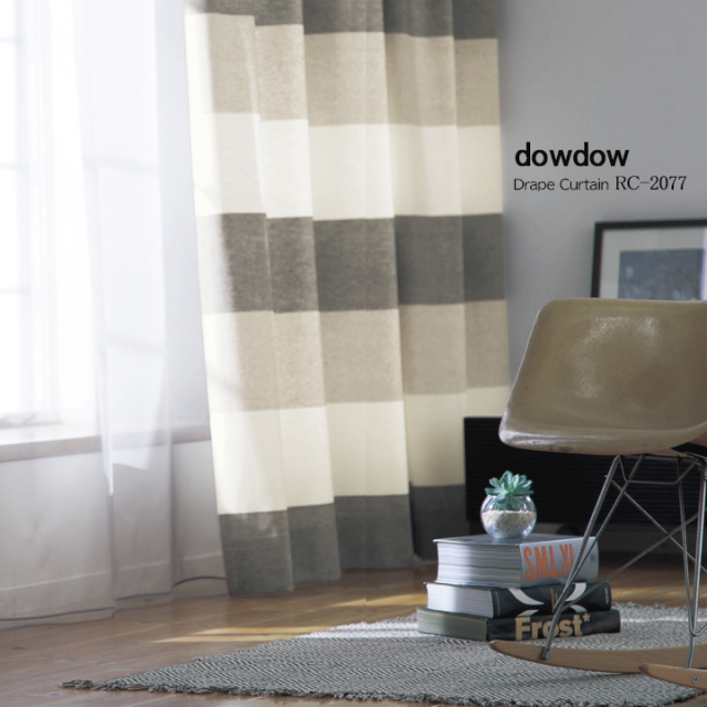 【ナチュラル ヴィンテージ】コットン混の幅広ボーダーのドレープカーテン【RC-2077】アイボリー＆ブラウン