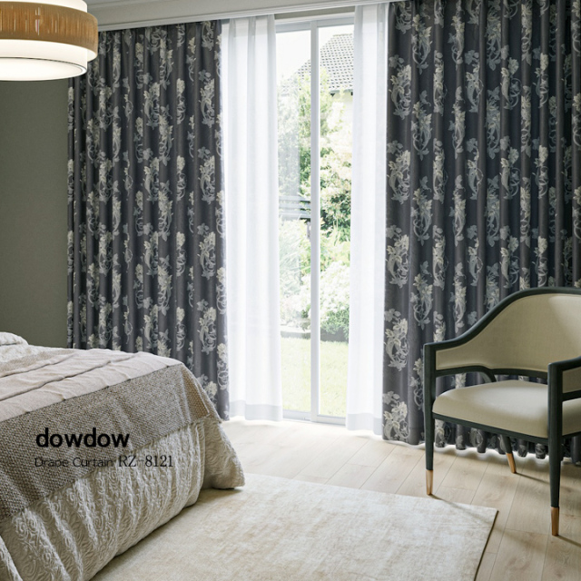 【フレンチシック】スタイリッシュな花柄のジャガード織のドレープカーテン【RZ-8121】チャコールグレー
