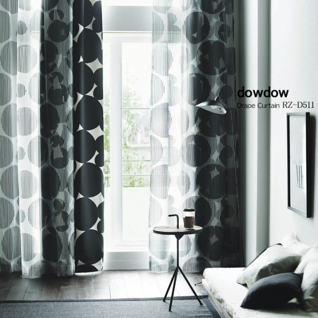 【ミッドセンチュリー】サークル柄のオパールプリントのレースカーテン【RZ-D511】ブラック
