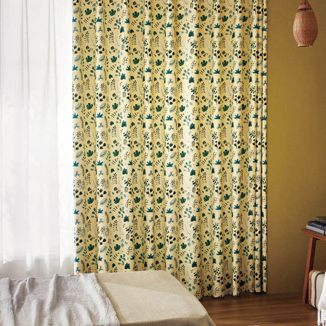 【北欧ビンテージ】芽吹いた小さな野草プリントの遮光カーテン【SC-1139】イエロー